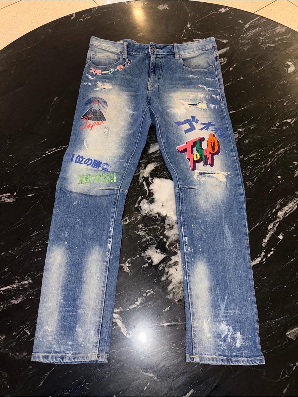Slim Straight Blue Graphic Men's Jeans with Tokyo Print